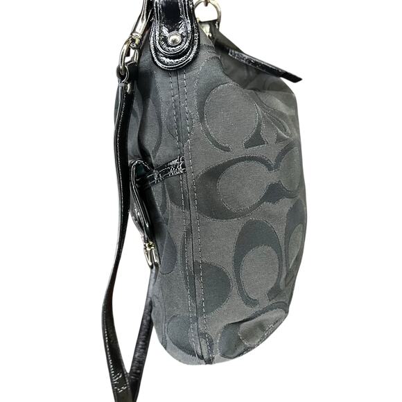 COACH Poppy Signature lurex Pocket Hobo Bag Black Gray Patent Leather 2 way - Picture 5 of 15